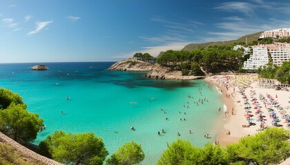 Serene beach scene with turquoise water, white sand, and people relaxing, tropical paradise