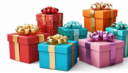 The image presents a delightful scene of gift boxes, each adorned with colorful ribbons and bows, arranged neatly on a pristine white background Starting from the left, there are four vibrant gift