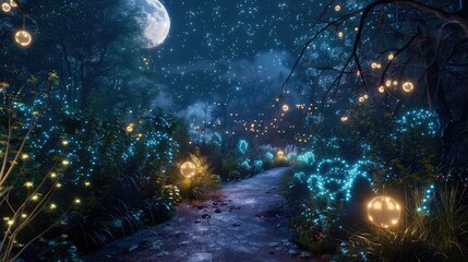 Obraz premium A magical pathway leading through a moonlit forest, with bioluminescent plants and glowing orbs lighting the way under a twinkling night sky.