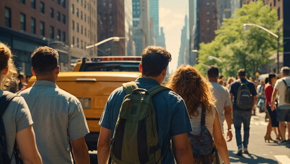 Obraz premium Many people walk down the street in New York, summer