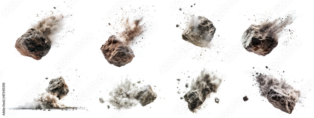 Wall mural a collection of exploding of rock, stone floating with dust on the air