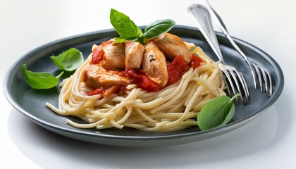 Spaghetti with meatballs and feta, vertical, no people, side lighting