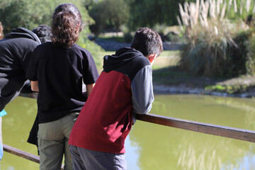 Family on a walk in the park. Father and children watching fish in a lagoon. Family outing.