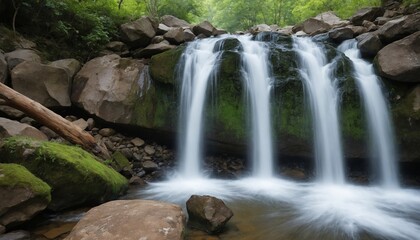 Fototapeta premium A cascading waterfall surrounded by lush greenery in a tranquil forest