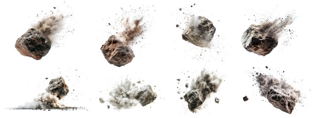 A collection of exploding of rock, stone floating with dust on the air