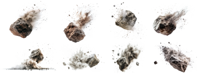 A collection of exploding of rock, stone floating with dust on the air
