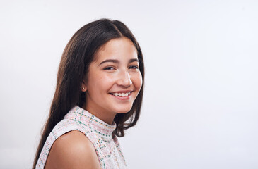 Happy girl, teen and portrait for confidence in studio, pigmentation and self love for melanin....