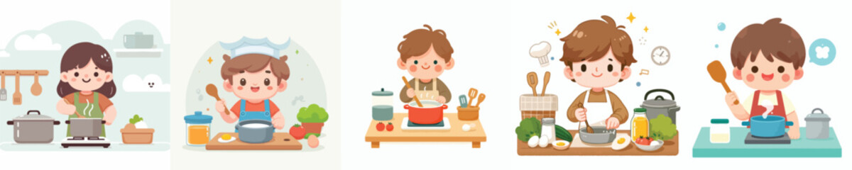 vector set of kid cooking