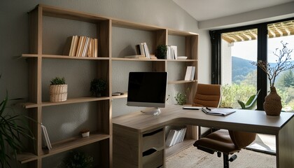 Stylish home office with ergonomic furniture, organized shelves, and natural light