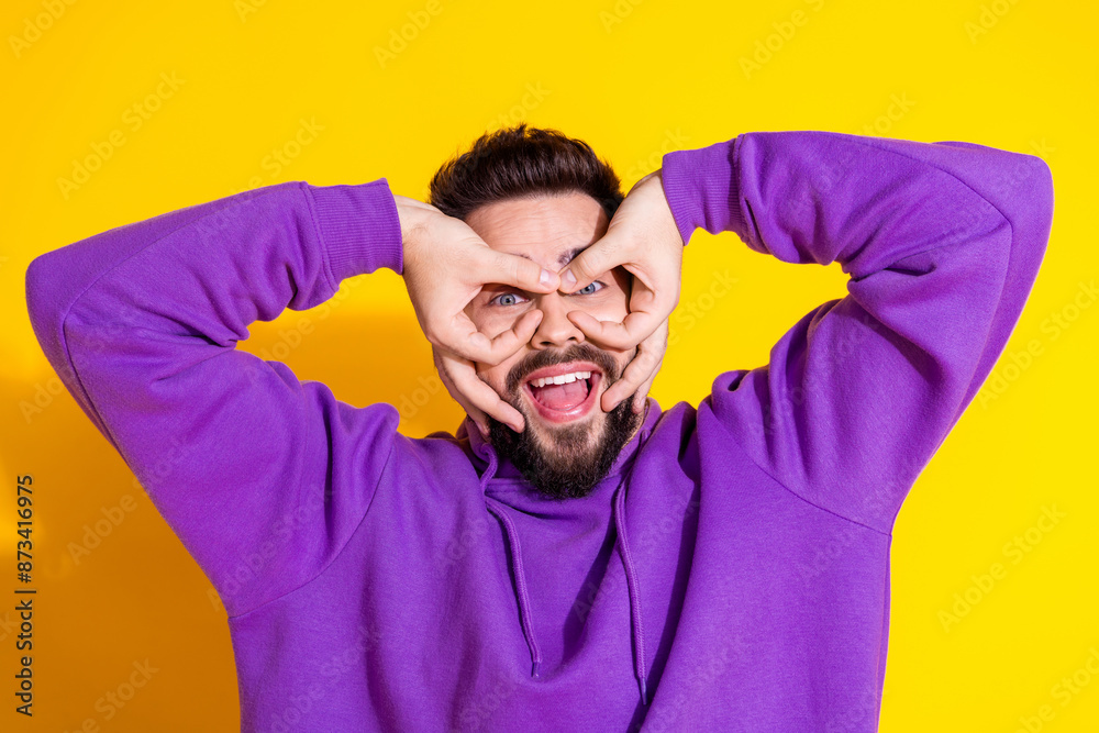 Canvas Prints Photo of cheerful carefree glad nice man wear purple stylish clothes okey sign isolated on yellow color background