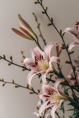 Fototapeta premium A bouquet of light pink lilies with dark pink spots on the petals. The lilies are closed buds and fully bloomed.