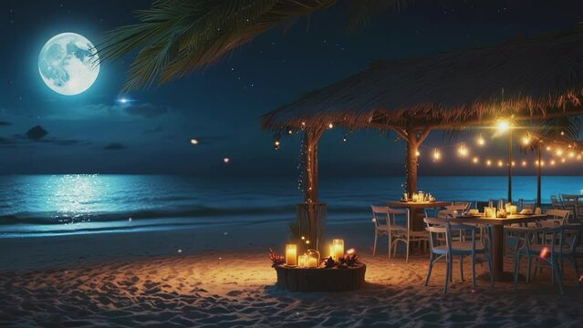beachside restaurant at night.Seamless 4k time lapse virtual video animation background
