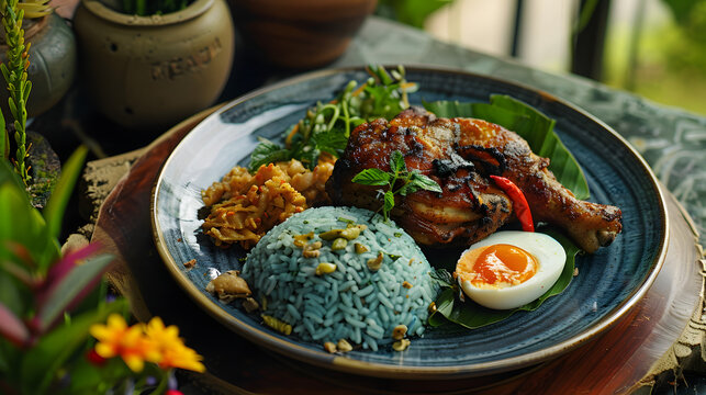 Delicious plate of Nasi Kerabu with blue rice, fried chicken, salted egg and fresh herbs