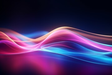 Colorful, wavy lines in various shades of blue, pink, and purple flow smoothly against a dark background, creating a vibrant and abstract visual.