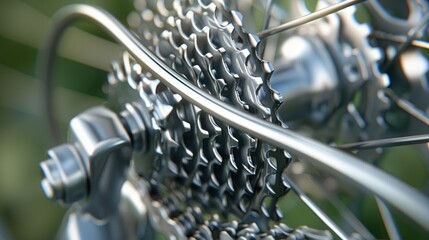 A close-up shot of a bicycle's rear derailleur and chain, with the spokes of the wheel in the background. The image is in black and white