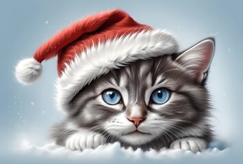 Cute kitten in a New Year's holiday hat in the snow, isolated on a blue background. New Year card