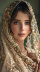 Elegant Woman with Green Eyes and Embroidered Veil Portrait