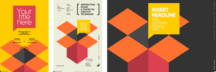 A contemporary poster collection featuring bold geometric shapes and customizable titles. The design combines minimalistic elements with vibrant colors.