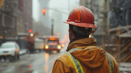 Road Construction worker supervising a work area wearing a safety helmet