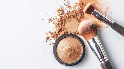 Tan loose powder and makeup brush on white background