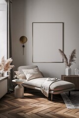There is a chaise lounge with a cream cushion and blanket in the center of the image. There is a blank frame on the wall behind it. To the right of the chaise lounge is a wooden nightstand with two de