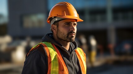 Fototapeta premium A construction worker wearing an orange hard hat and a reflective vest stands at a worksite, looking focused and serious.