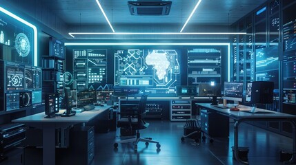 Futuristic tech lab with glowing blue screens and digital displays.