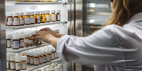 Pharmacist Organizing Medication Bottles in a Well-Stocked Pharmaceutical Refrigerator
Close-Up of a Healthcare Professional Arranging Prescription Bottles in a Medical Storage Unit