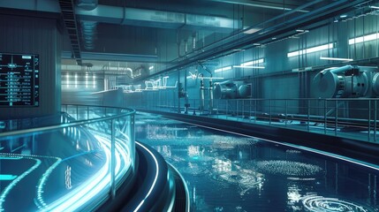 Futuristic underground garage with glowing blue lights and cars on display. The image evokes a sense of advanced technology and innovation.