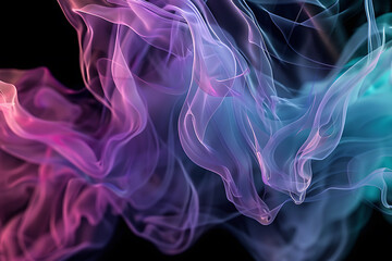 Fototapeta premium Floating smoke-like shapes in various colors on a black background, creating an ethereal and mesmerizing visual effect.