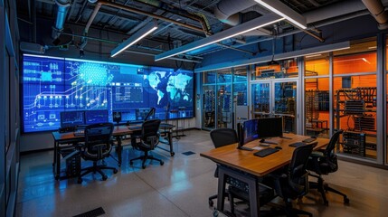 Modern, high-tech server room with blue lights, large screen displaying global data, and multiple workstations.