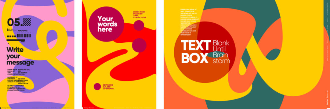 A vibrant poster set with customizable message areas, ideal for modern promotional needs. Featuring bold colors, abstract shapes, and minimalist typography, these posters are perfect for exhibitions