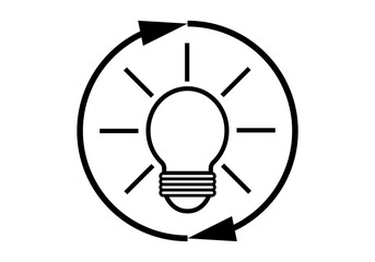 Icono negro de bombilla encendida con flechas en retroalimentación 