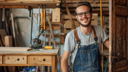 A man standing in his workshop, preparing to work on upcycling old furniture, surrounded by tools and materials.

