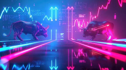 A neon-lit futuristic bull vs bear scenario, with digital market trends in the background and glowing arrows indicating market directions.