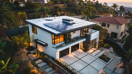 Fototapeta premium Modern, white house with solar panels on the roof, aerial view.