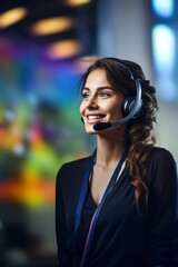 A smiling customer service representative wearing a headset, standing in a colorful and blurred office environment.