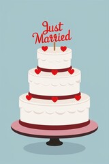 A three-tiered white wedding cake with red heart decorations and a "Just Married" topper.


