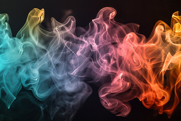 Floating smoke-like shapes in various colors on a black background, creating an ethereal and mesmerizing visual effect.