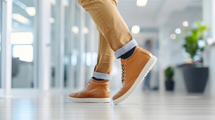 Person's Feet in Casual Sneakers Walking Through a Modern Glass-Walled Office Hallway