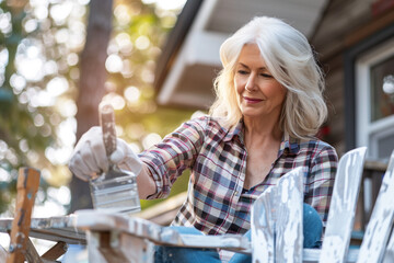 A middle-aged person painting a bench white, transforming it into a fresh, new piece, showcasing the art of upcycling old furniture.

