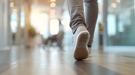 Fototapeta premium Businessperson walking briskly through modern corporate office building hallway