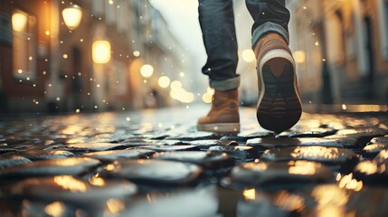 Fototapeta premium Wet Pavement Puddles Reflecting City Lights in Rainy Evening Dusk