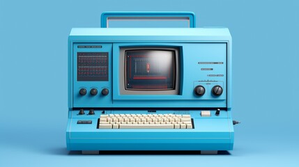 A vintage blue computer with a CRT monitor, two dials, and a mechanical keyboard, set against a blue background.