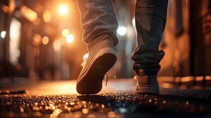 Solitary Night Walk Through Illuminated Urban Alley