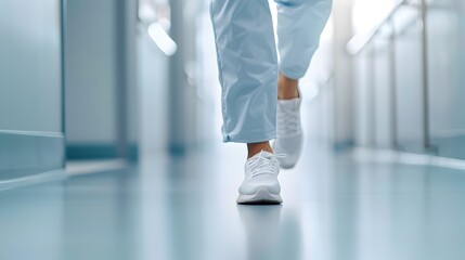 Fototapeta premium Doctor Running Urgently Through Hospital Hallway With Medical Scrubs and Shoes