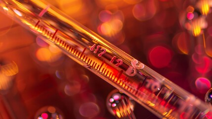 A macro shot of the probe of a candy thermometer showing the intricate design and markings for precise temperature measurement.