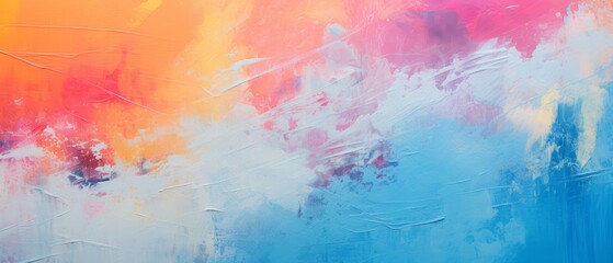 Fototapeta premium This is a vibrant abstract painting with bold blends of orange, pink, and blue hues, creating a dynamic and energetic visual experience.