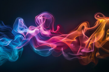 Floating smoke-like shapes in various colors on a black background, creating an ethereal and mesmerizing visual effect.