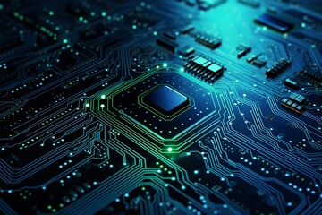 Fototapeta premium A close-up view of a modern illuminated circuit board, featuring intricate pathways and electronic components glowing in blue and green light.